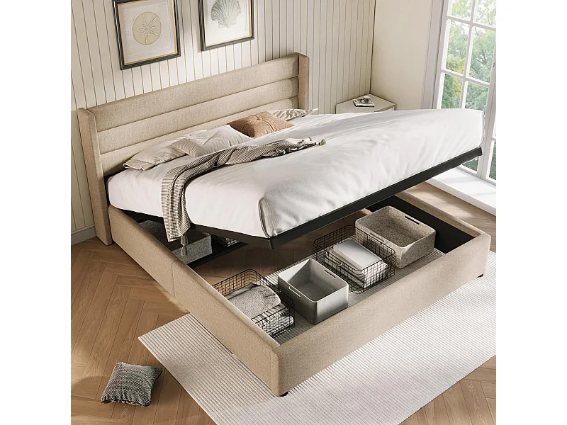 Cama acolchoada para adulto 180 x 1258 cm, sem cabeceira, com faixa LED (monocromática), base com suspensão hidráulica, bege.