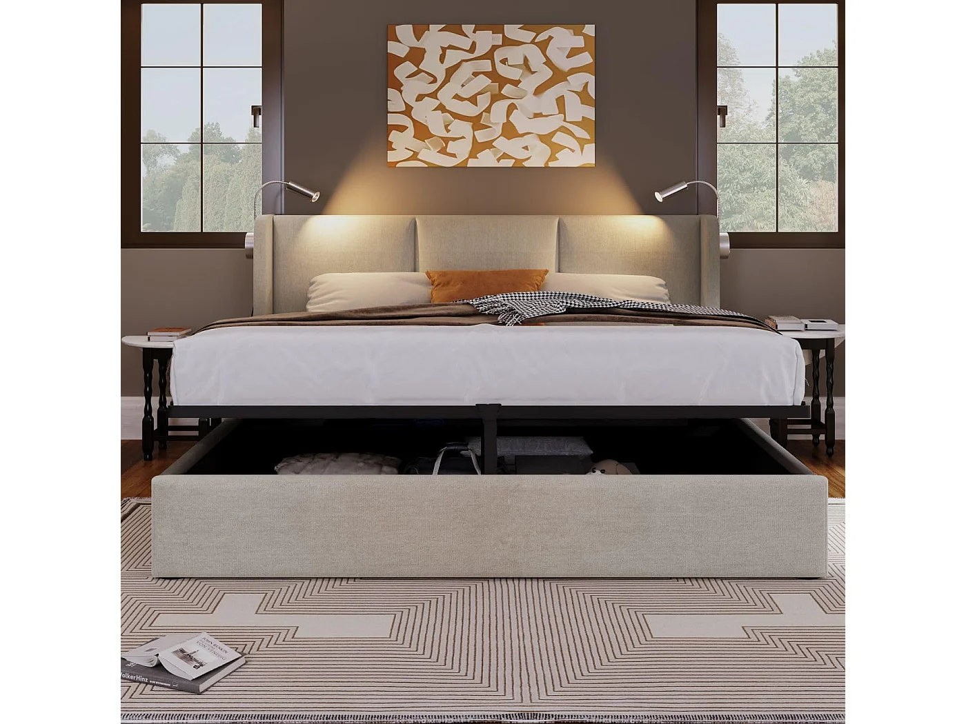 Cama acolchoada para adulto 180 x 290 cm, sem cabeceira, com faixa LED (monocromática), base com suspensão hidráulica, bege.