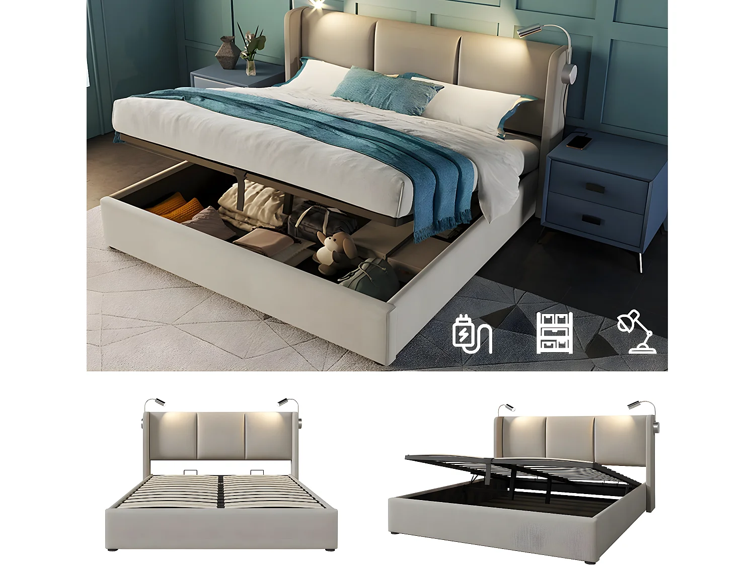 Cama acolchoada para adulto 180 x 290 cm, sem cabeceira, com faixa LED (monocromática), base com suspensão hidráulica, bege.