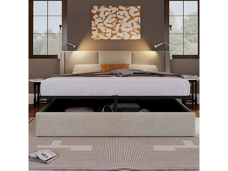 Cama acolchoada para adulto 180 x 290 cm, sem cabeceira, com faixa LED (monocromática), base com suspensão hidráulica, bege.