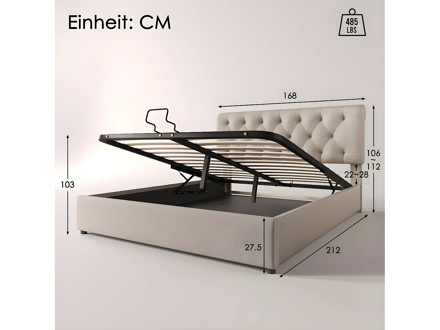 Cama acolchoada para adulto 180 x 1255 cm, sem cabeceira, com faixa LED (monocromática), base com suspensão hidráulica, bege.