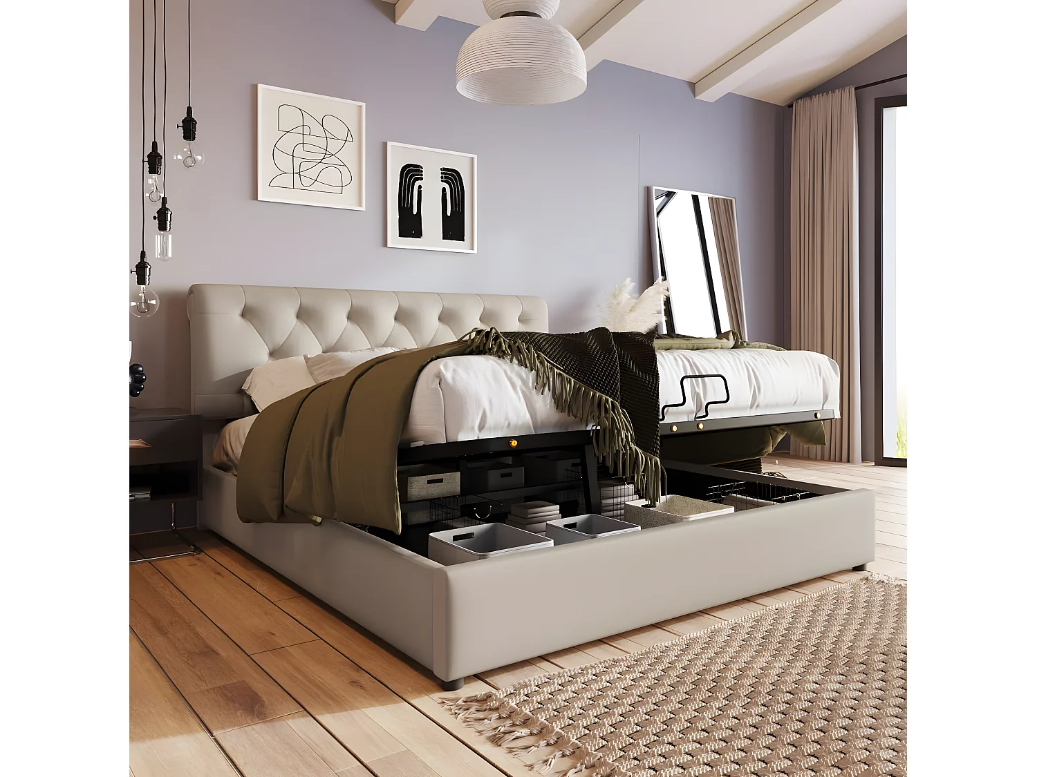 Cama acolchoada para adulto 180 x 1255 cm, sem cabeceira, com faixa LED (monocromática), base com suspensão hidráulica, bege.