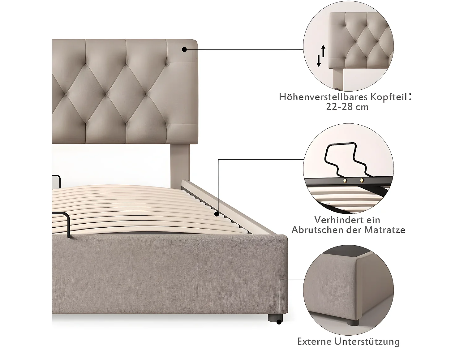 Cama acolchoada para adulto 180 x 1255 cm, sem cabeceira, com faixa LED (monocromática), base com suspensão hidráulica, bege.