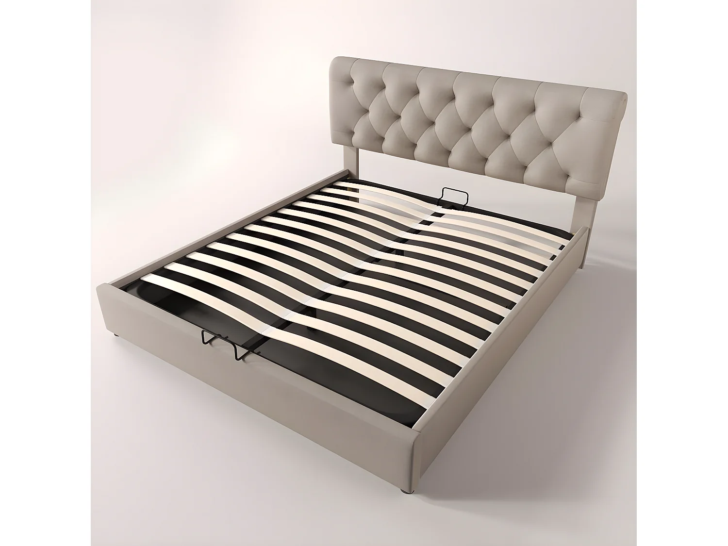 Cama acolchoada para adulto 180 x 1255 cm, sem cabeceira, com faixa LED (monocromática), base com suspensão hidráulica, bege.