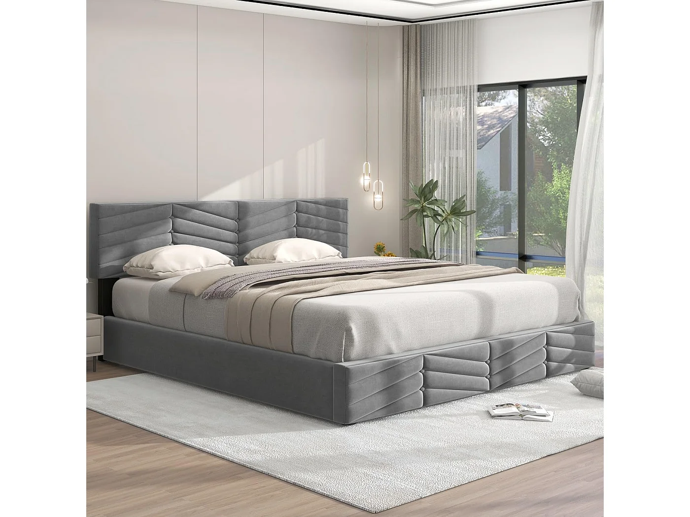 Cama acolchoada para adulto 180 x 236 cm, sem cabeceira, com faixa LED (monocromática), base com suspensão hidráulica, bege.