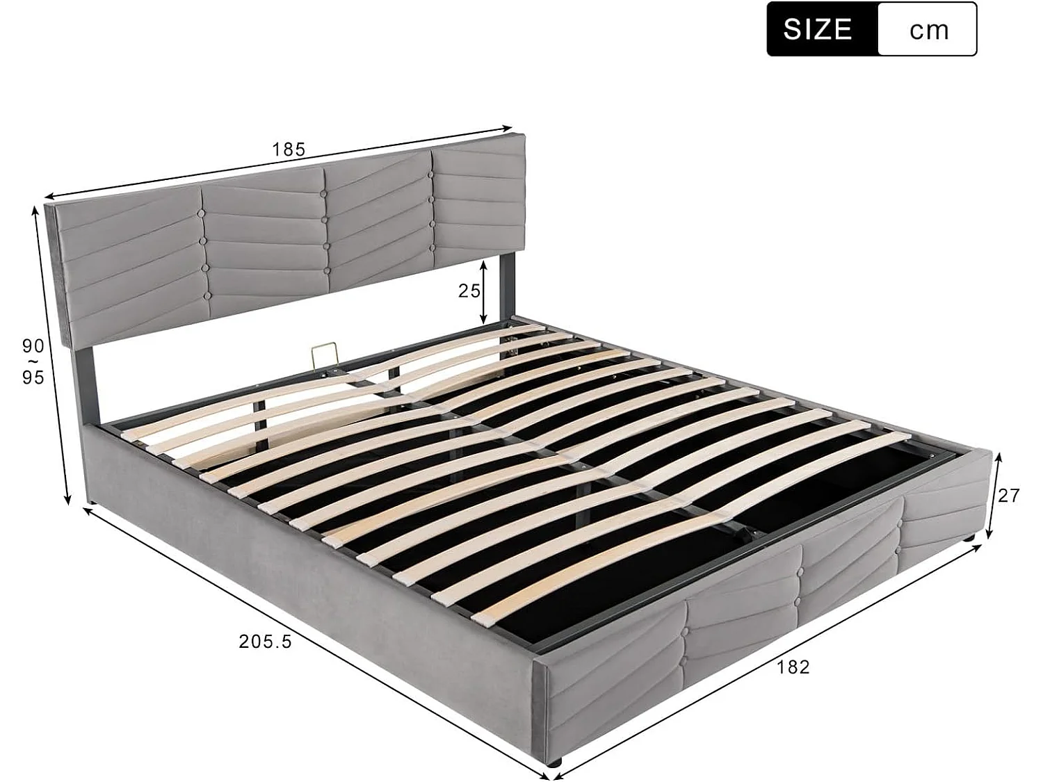 Cama acolchoada para adulto 180 x 236 cm, sem cabeceira, com faixa LED (monocromática), base com suspensão hidráulica, bege.