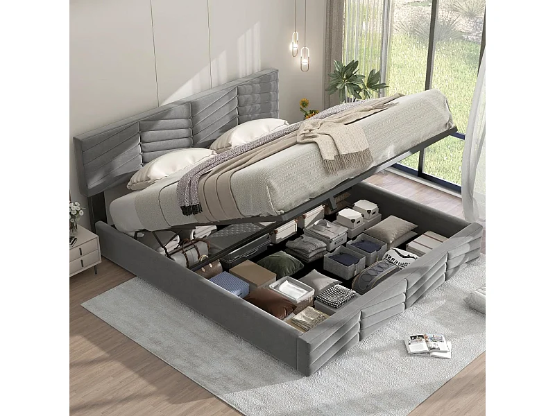 Cama acolchoada para adulto 180 x 236 cm, sem cabeceira, com faixa LED (monocromática), base com suspensão hidráulica, bege.