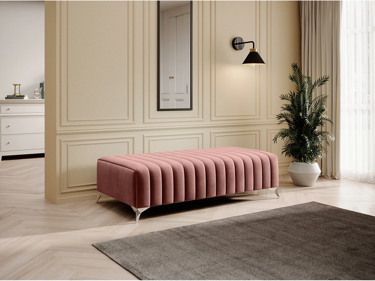 Pouf design velours avec pieds en acier chromé LOZA-Rose