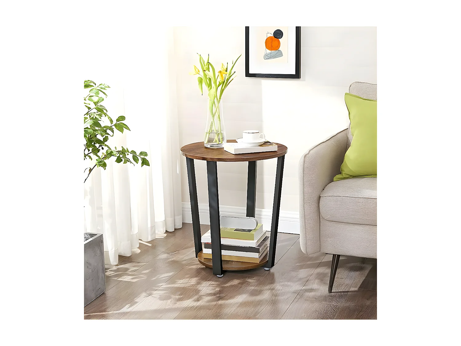 Table basse "ronde" avec structure en acier - 50 x 50 x 57 cm -  marron rustique/noir