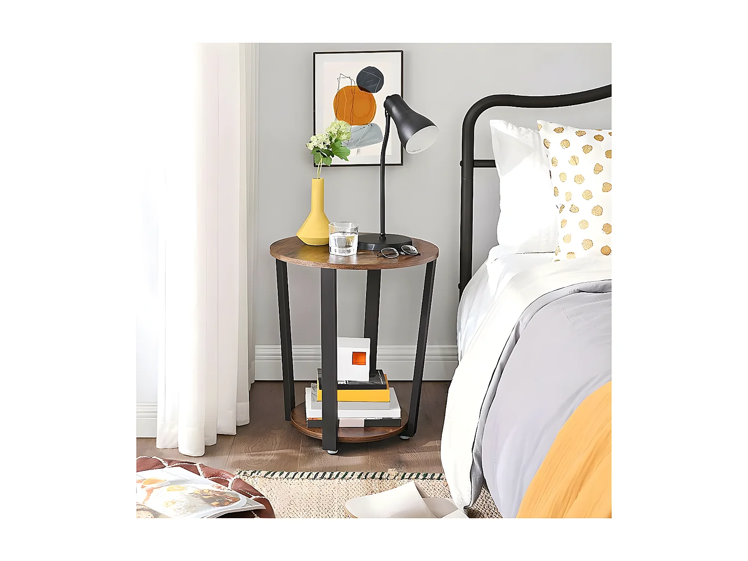 Table basse "ronde" avec structure en acier - 50 x 50 x 57 cm -  marron rustique/noir