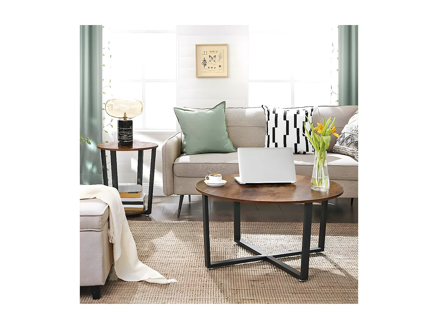 Table basse "ronde" avec structure en acier - 50 x 50 x 57 cm -  marron rustique/noir