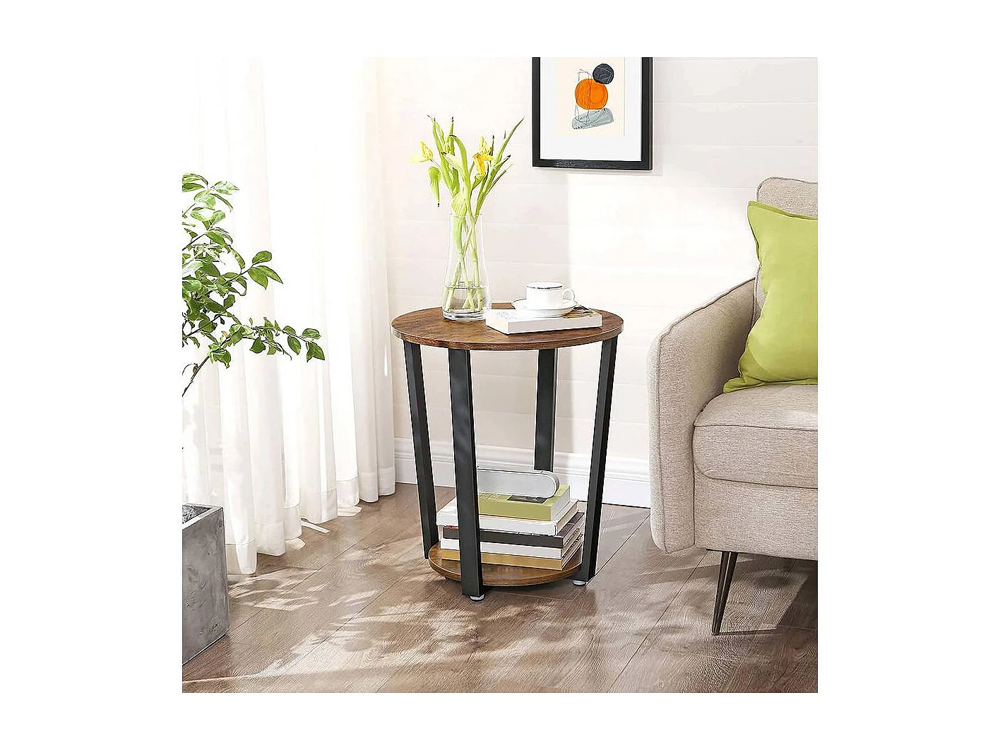 VASAGLE Side Table, Round End Table with Steel Frame, for Living Room, Bedroom, Simple Assembly, Industrial, Rustic Brown and Black LET57X