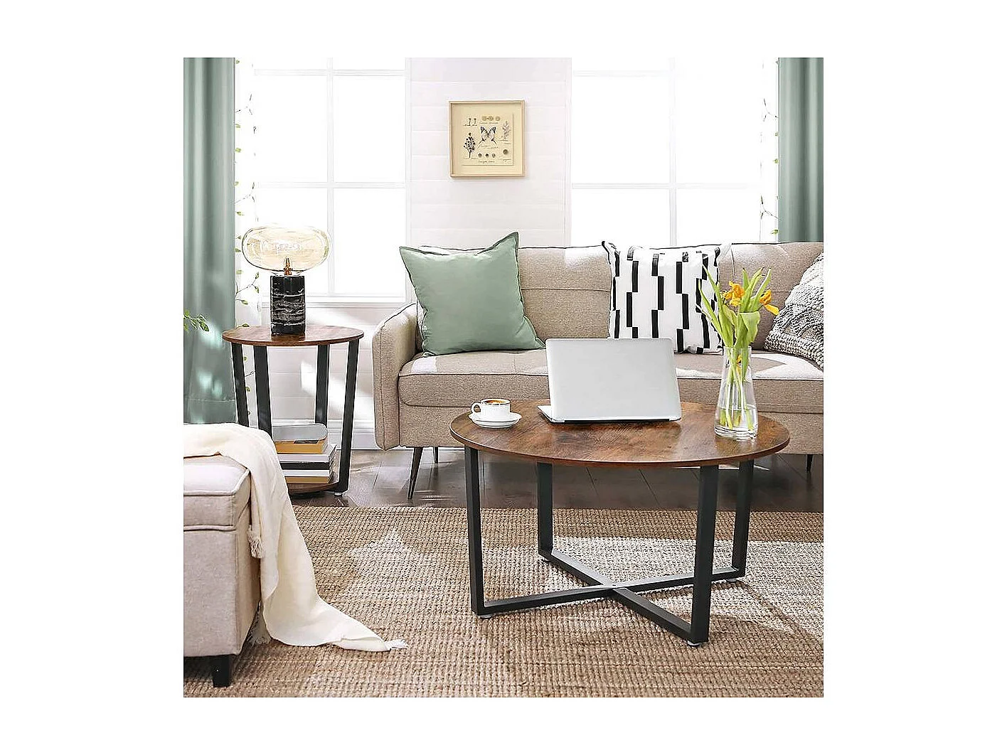 VASAGLE Side Table, Round End Table with Steel Frame, for Living Room, Bedroom, Simple Assembly, Industrial, Rustic Brown and Black LET57X