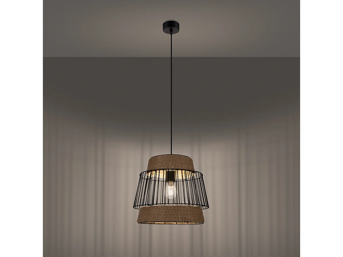 Lampes Suspendues Brilo Industriel En Acier/Corde - 1 Sources Lumineuses - L.35 X H.137 Cm - Noir