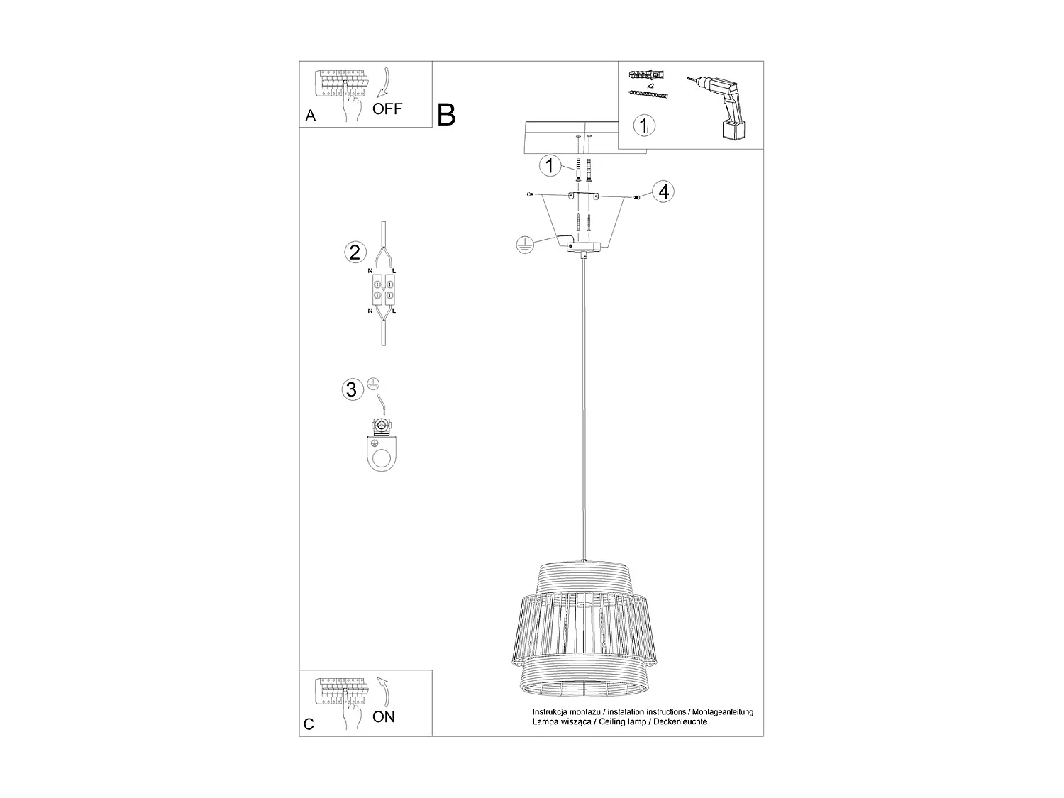 Lampes Suspendues Brilo Industriel En Acier/Corde - 1 Sources Lumineuses - L.35 X H.137 Cm - Noir