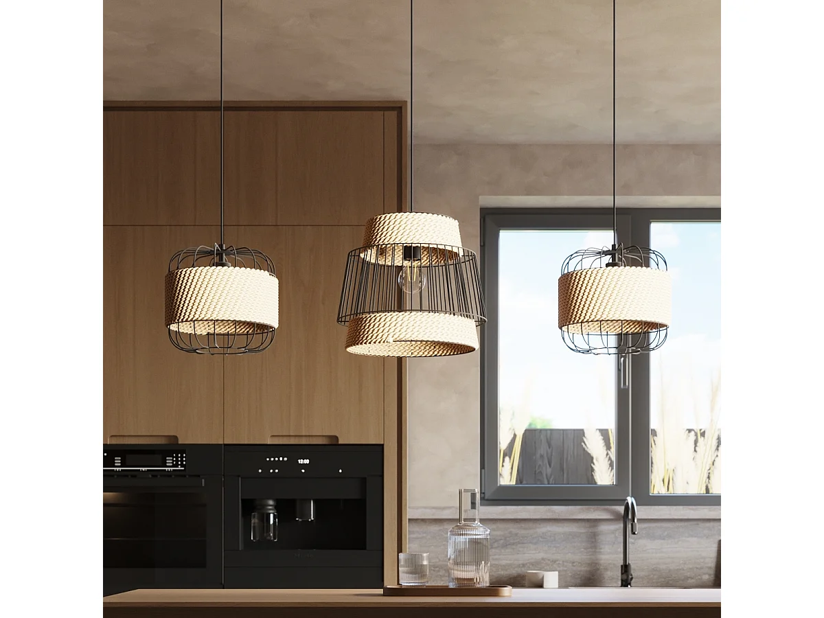 Lampes Suspendues Brilo Industriel En Acier/Corde - 1 Sources Lumineuses - L.35 X H.137 Cm - Noir