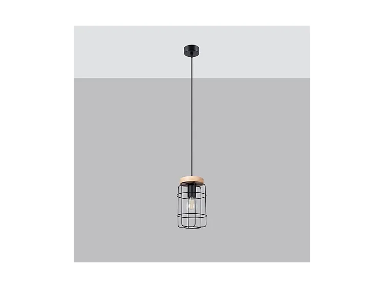 Lampes Suspendues Gotto Industriel En Acier/Bois - 1 Sources Lumineuses - L.15 X H.135 Cm - Bois Noir