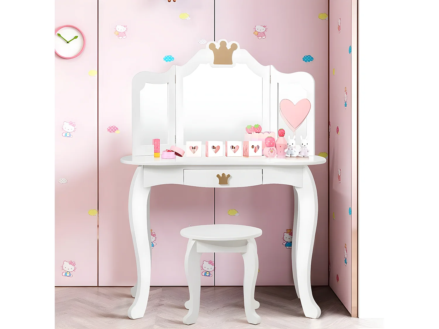 Coiffeuse pour enfants  avec miroir à trois volets, ensemble de coiffeuse 2-en-1