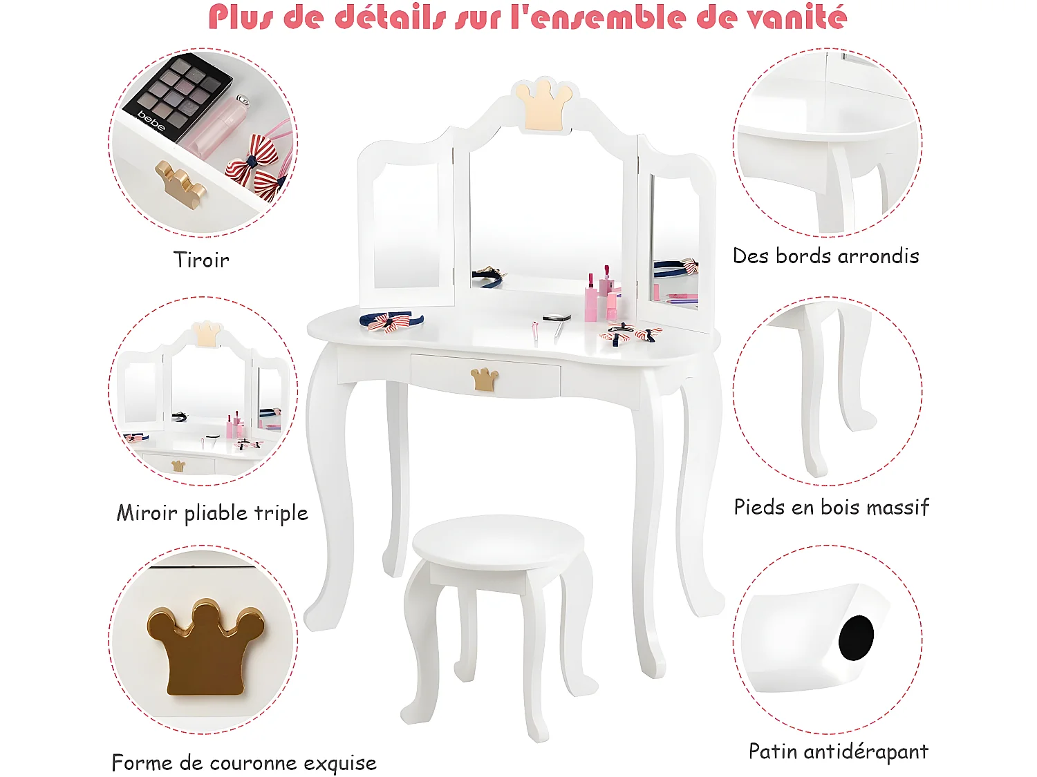 Coiffeuse pour enfants  avec miroir à trois volets, ensemble de coiffeuse 2-en-1