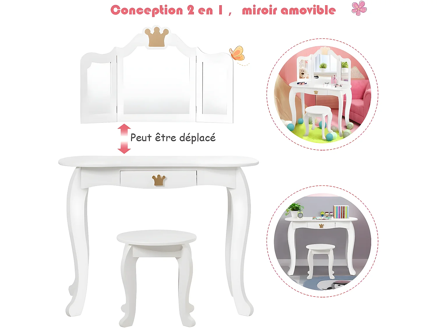 Coiffeuse pour enfants  avec miroir à trois volets, ensemble de coiffeuse 2-en-1