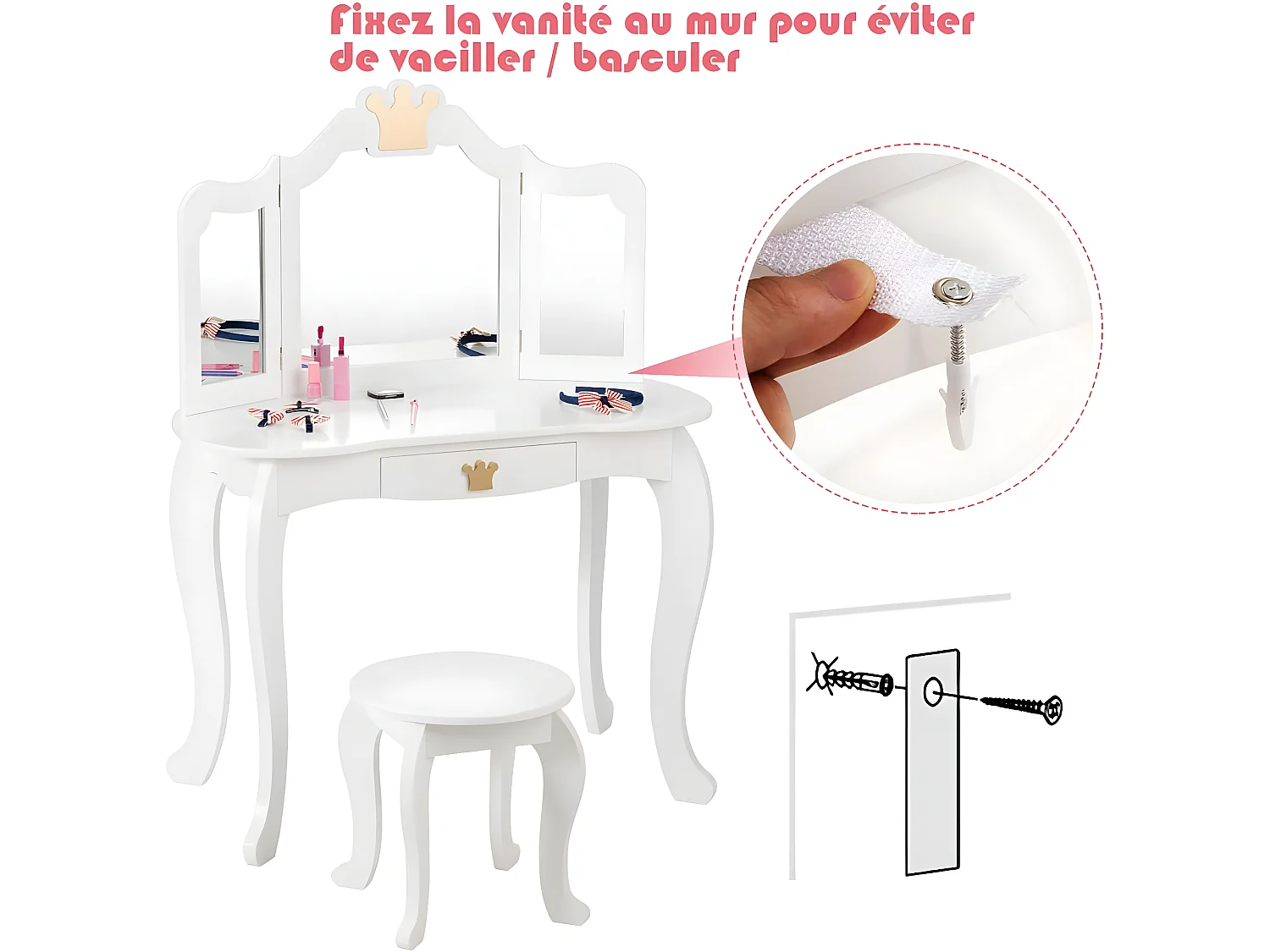 Coiffeuse pour enfants  avec miroir à trois volets, ensemble de coiffeuse 2-en-1