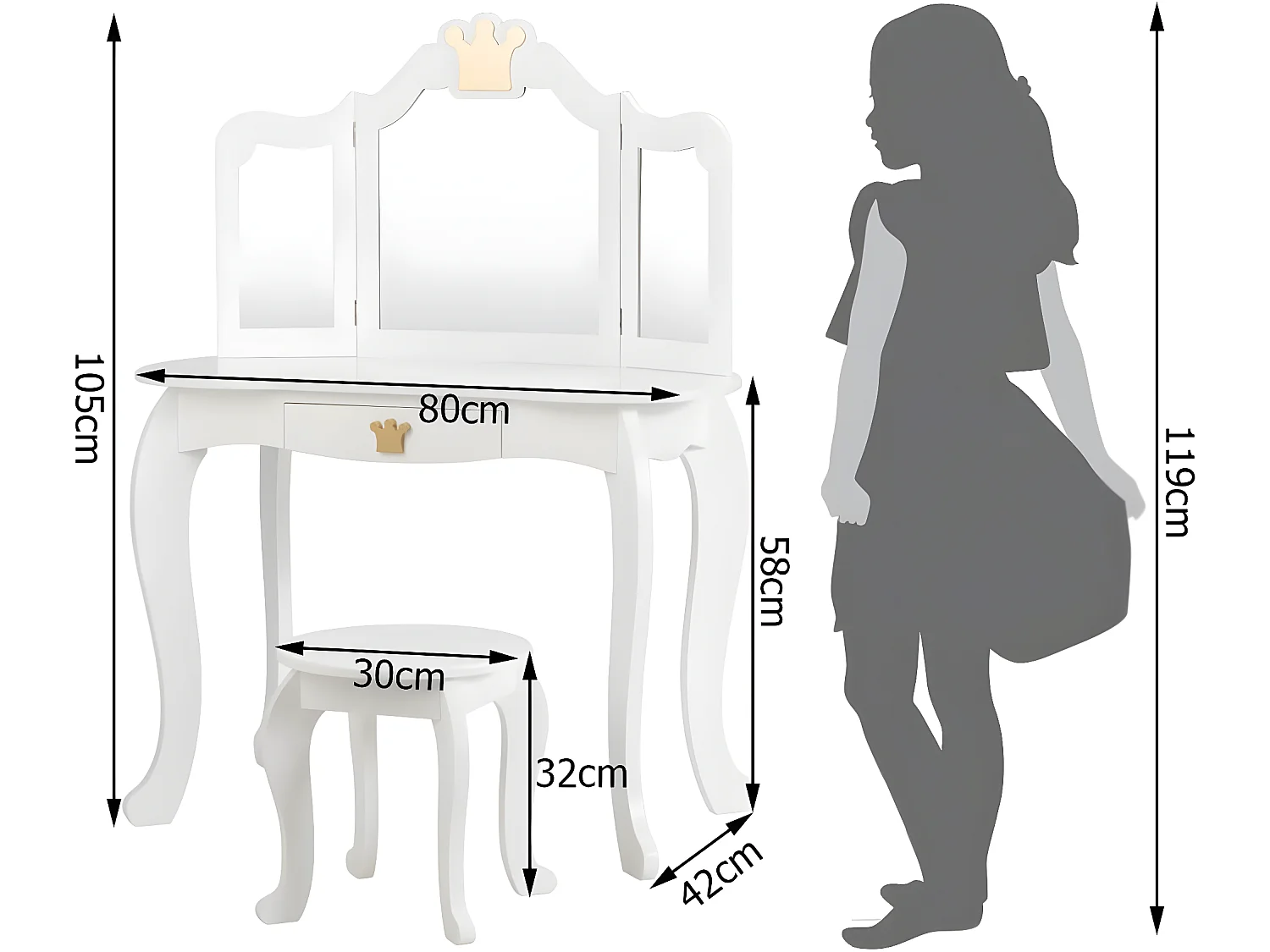 Coiffeuse pour enfants  avec miroir à trois volets, ensemble de coiffeuse 2-en-1