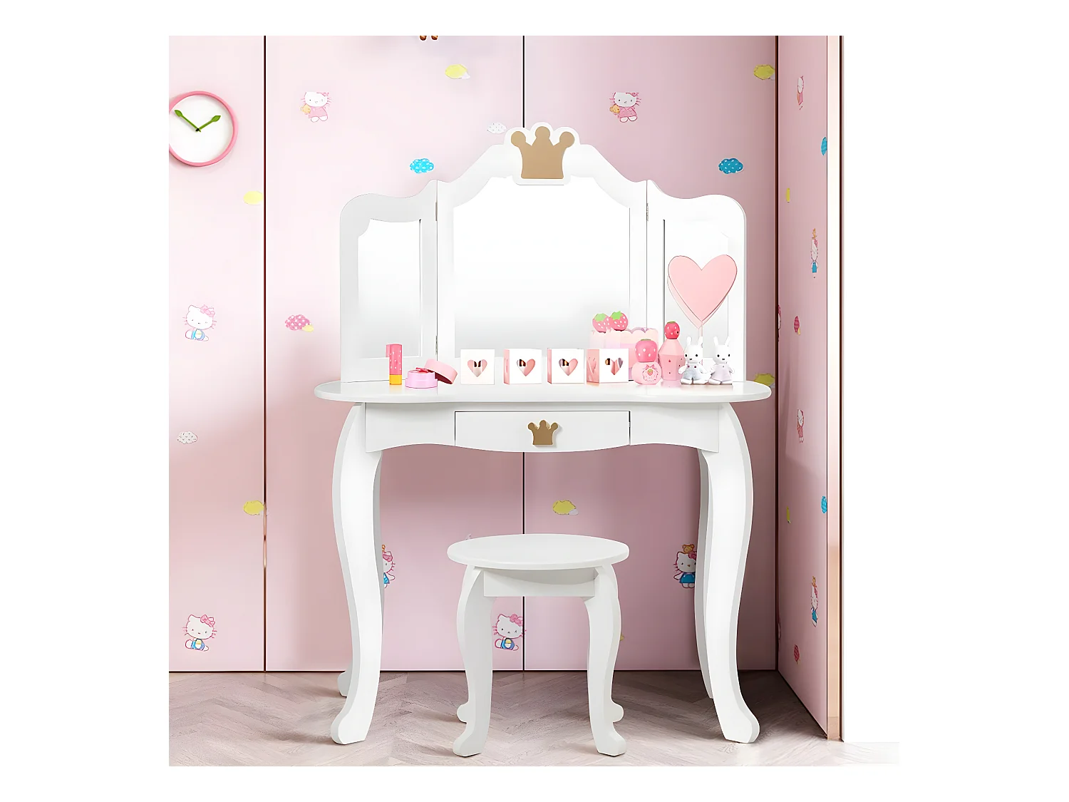 Coiffeuse pour enfants  avec miroir à trois volets, ensemble de coiffeuse 2-en-1