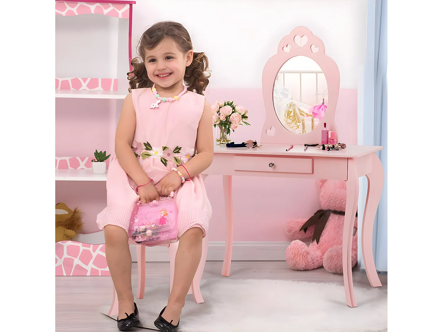 Coiffeuse pour Enfant avec Miroir, Inclus de Table de Maquillage et deTabouret, Dessus Amovible, Contemporain, 70 x 34 x 105 cm (Rose)