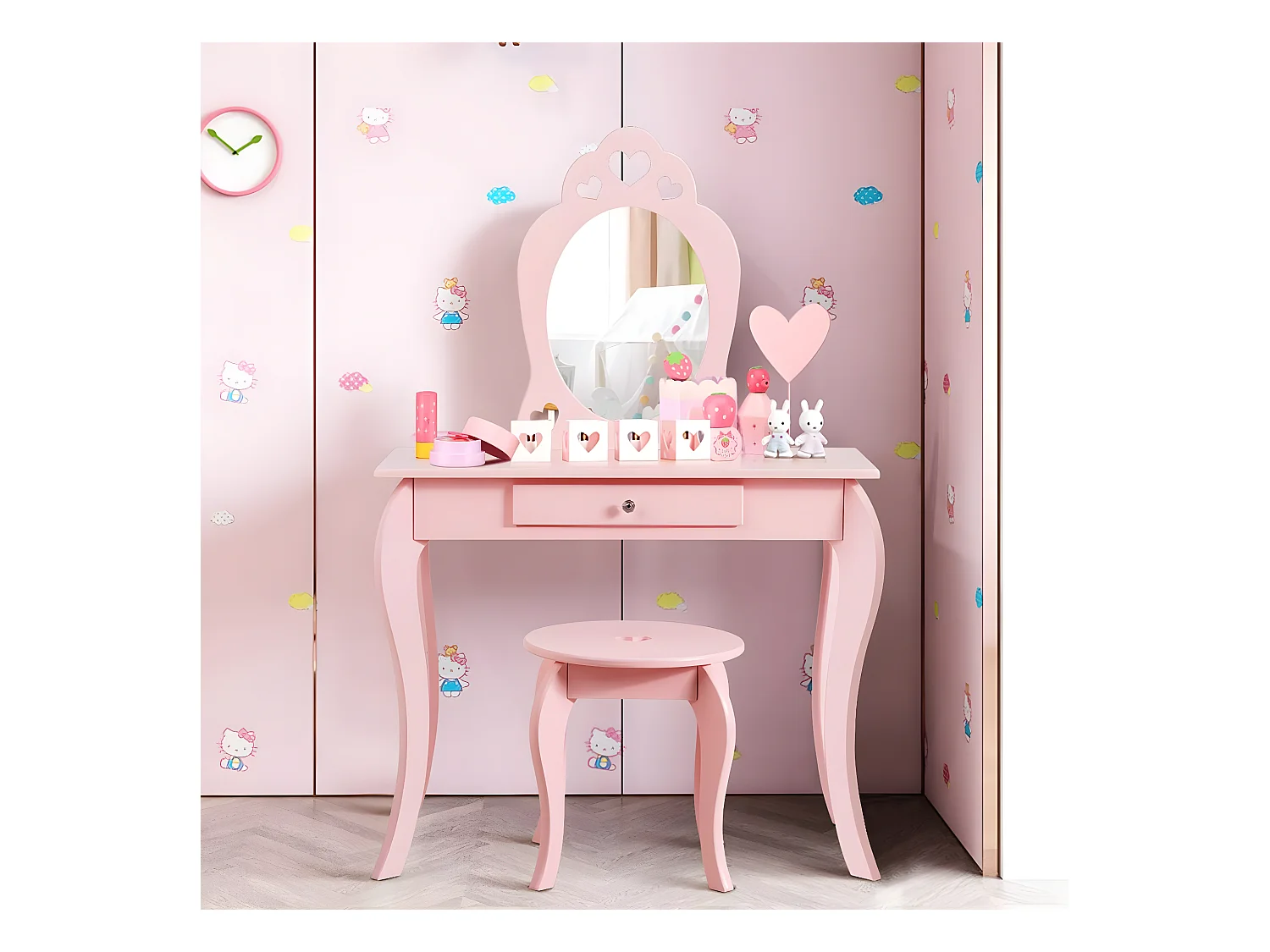 Coiffeuse pour Enfant avec Miroir, Inclus de Table de Maquillage et deTabouret, Dessus Amovible, Contemporain, 70 x 34 x 105 cm (Rose)