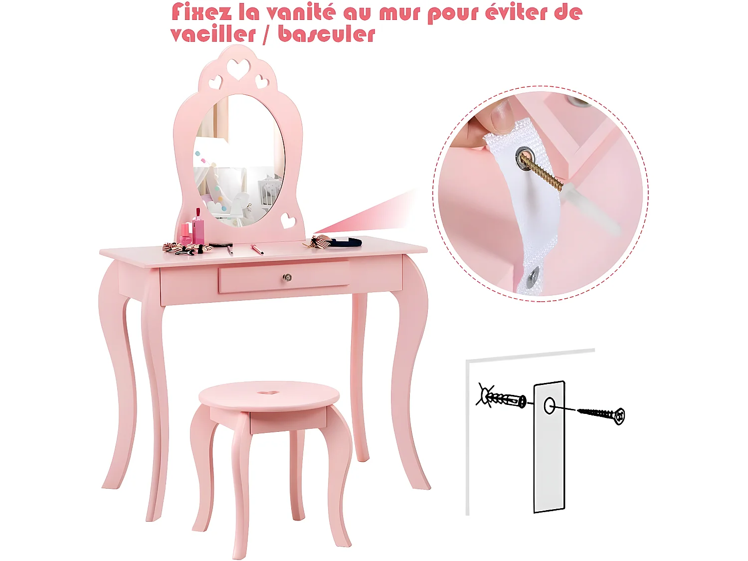 Coiffeuse pour Enfant avec Miroir, Inclus de Table de Maquillage et deTabouret, Dessus Amovible, Contemporain, 70 x 34 x 105 cm (Rose)