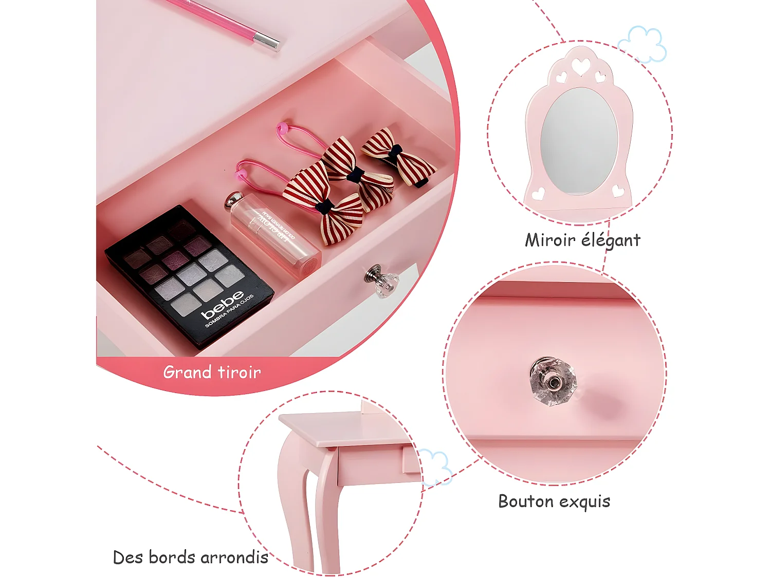 Coiffeuse pour Enfant avec Miroir, Inclus de Table de Maquillage et deTabouret, Dessus Amovible, Contemporain, 70 x 34 x 105 cm (Rose)