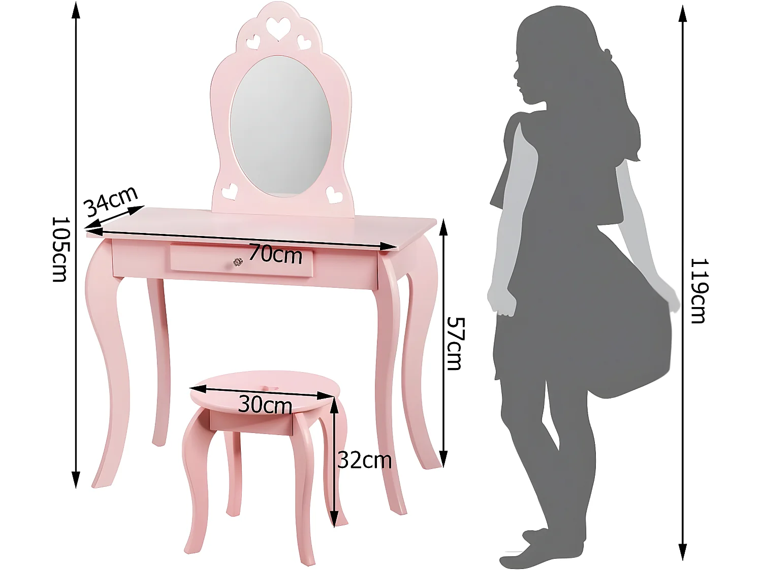 Coiffeuse pour Enfant avec Miroir, Inclus de Table de Maquillage et deTabouret, Dessus Amovible, Contemporain, 70 x 34 x 105 cm (Rose)