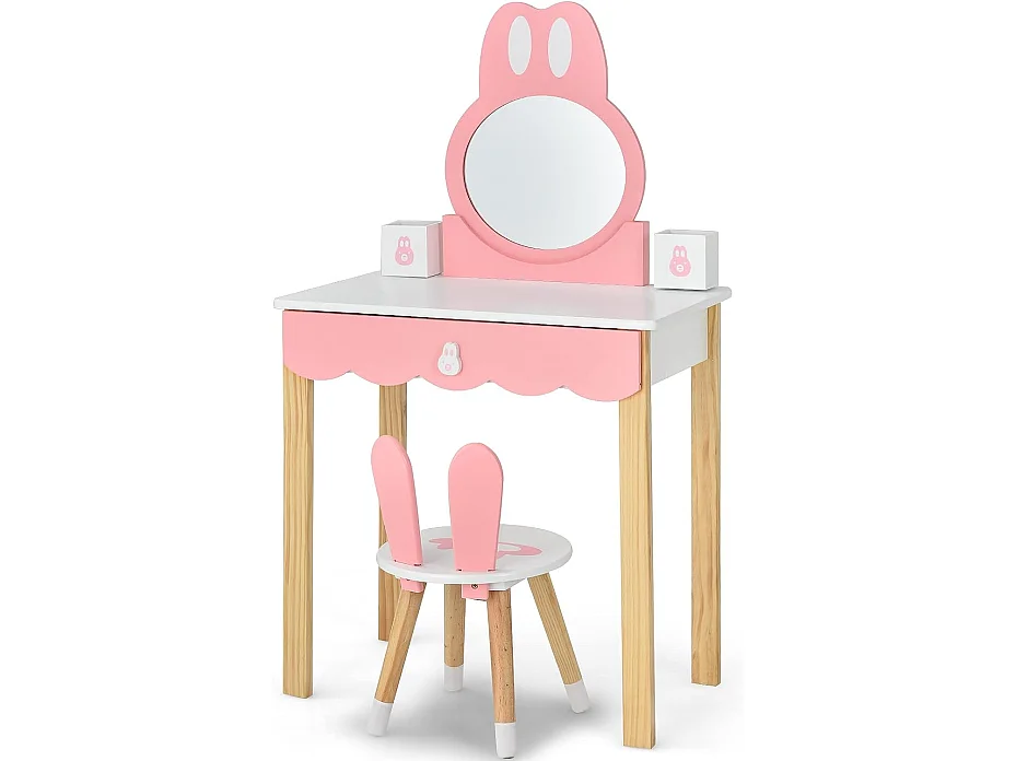 Coiffeuse avec Tabouret pour Enfants - Miroir Amouvible - 1 Tiroirs - 2 Boîtes de Rangement - Décor Rose + Blanc