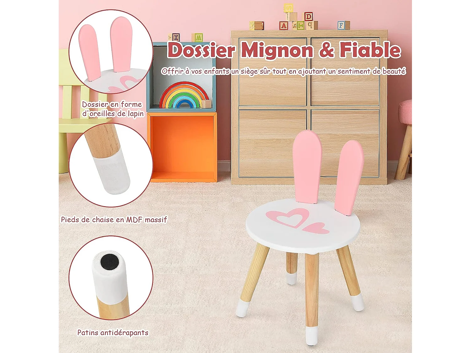 Coiffeuse avec Tabouret pour Enfants - Miroir Amouvible - 1 Tiroirs - 2 Boîtes de Rangement - Décor Rose + Blanc