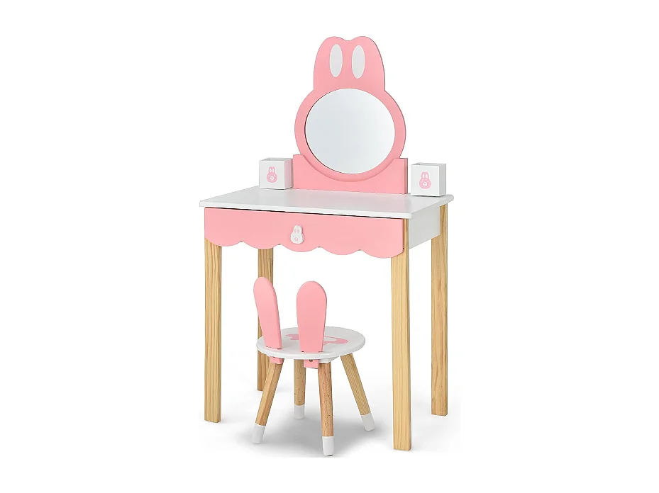 Coiffeuse avec Tabouret pour Enfants - Miroir Amouvible - 1 Tiroirs - 2 Boîtes de Rangement - Décor Rose + Blanc