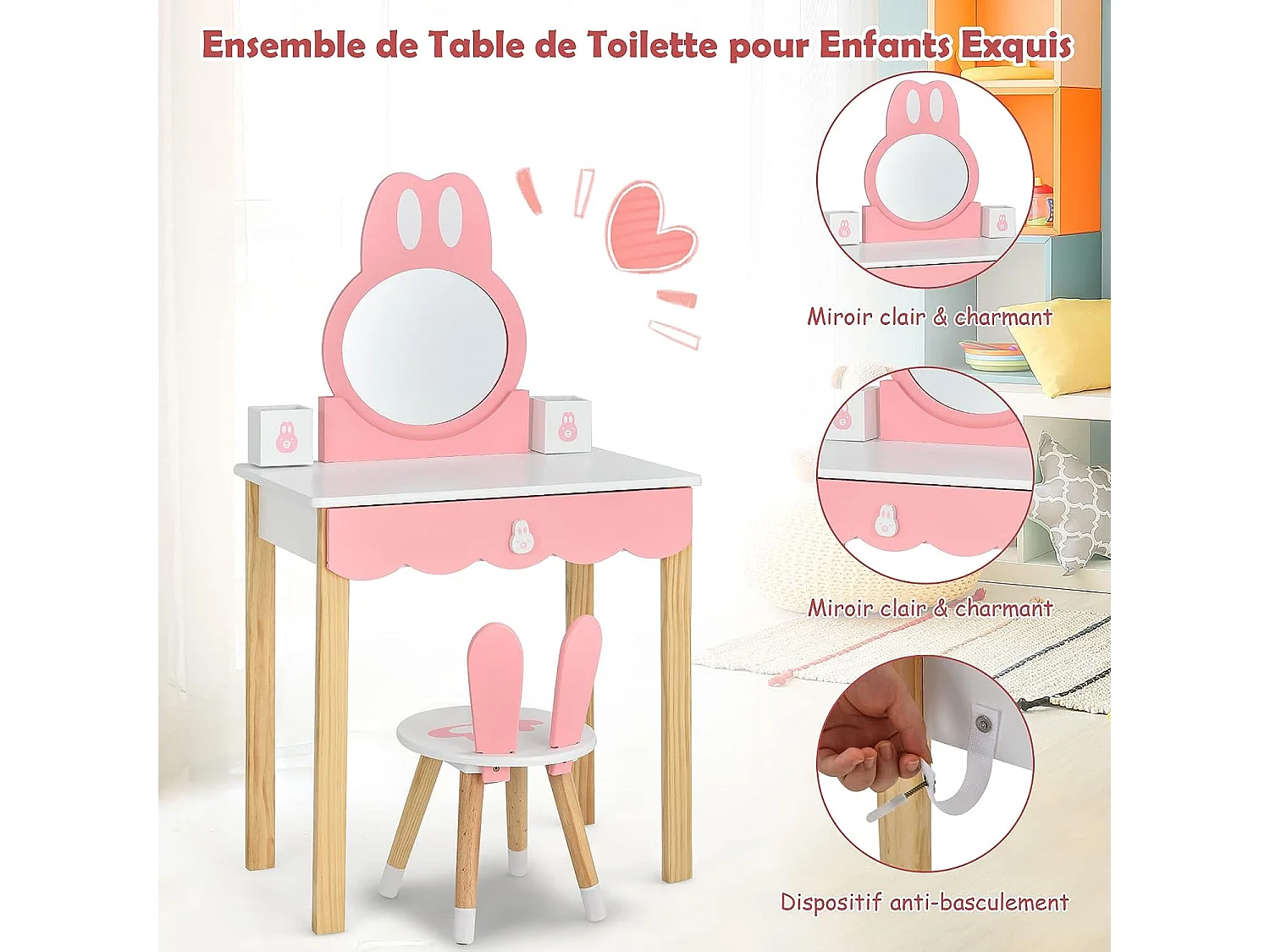 Coiffeuse avec Tabouret pour Enfants - Miroir Amouvible - 1 Tiroirs - 2 Boîtes de Rangement - Décor Rose + Blanc