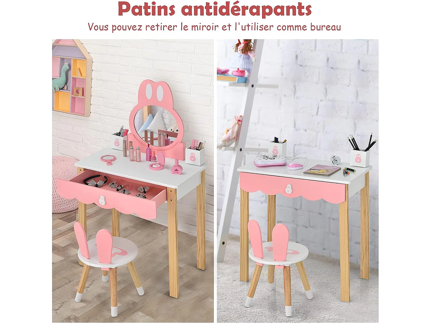 Coiffeuse avec Tabouret pour Enfants - Miroir Amouvible - 1 Tiroirs - 2 Boîtes de Rangement - Décor Rose + Blanc