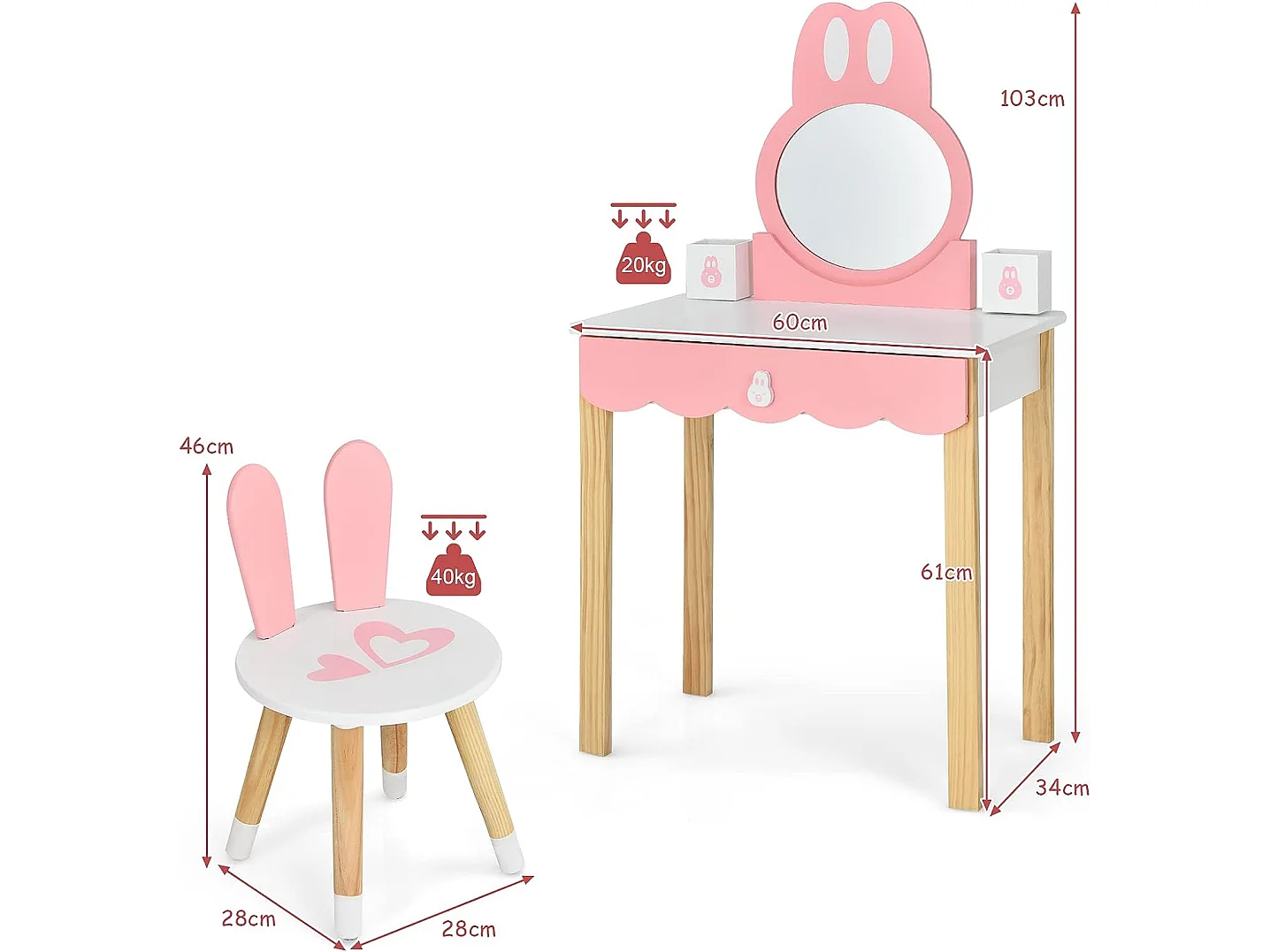 Coiffeuse avec Tabouret pour Enfants - Miroir Amouvible - 1 Tiroirs - 2 Boîtes de Rangement - Décor Rose + Blanc