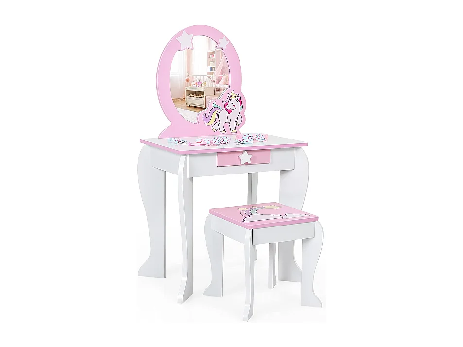 Coiffeuse pour enfant table de maquillage avec tabouret, 1 tiroir de rangement style princesse