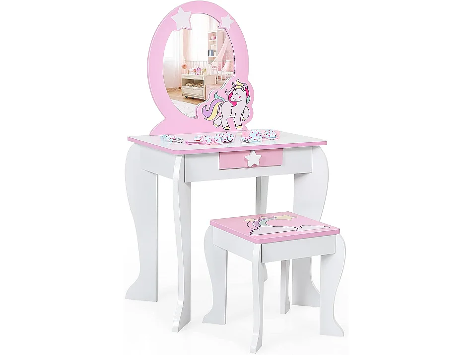 Coiffeuse pour enfant table de maquillage avec tabouret, 1 tiroir de rangement style princesse