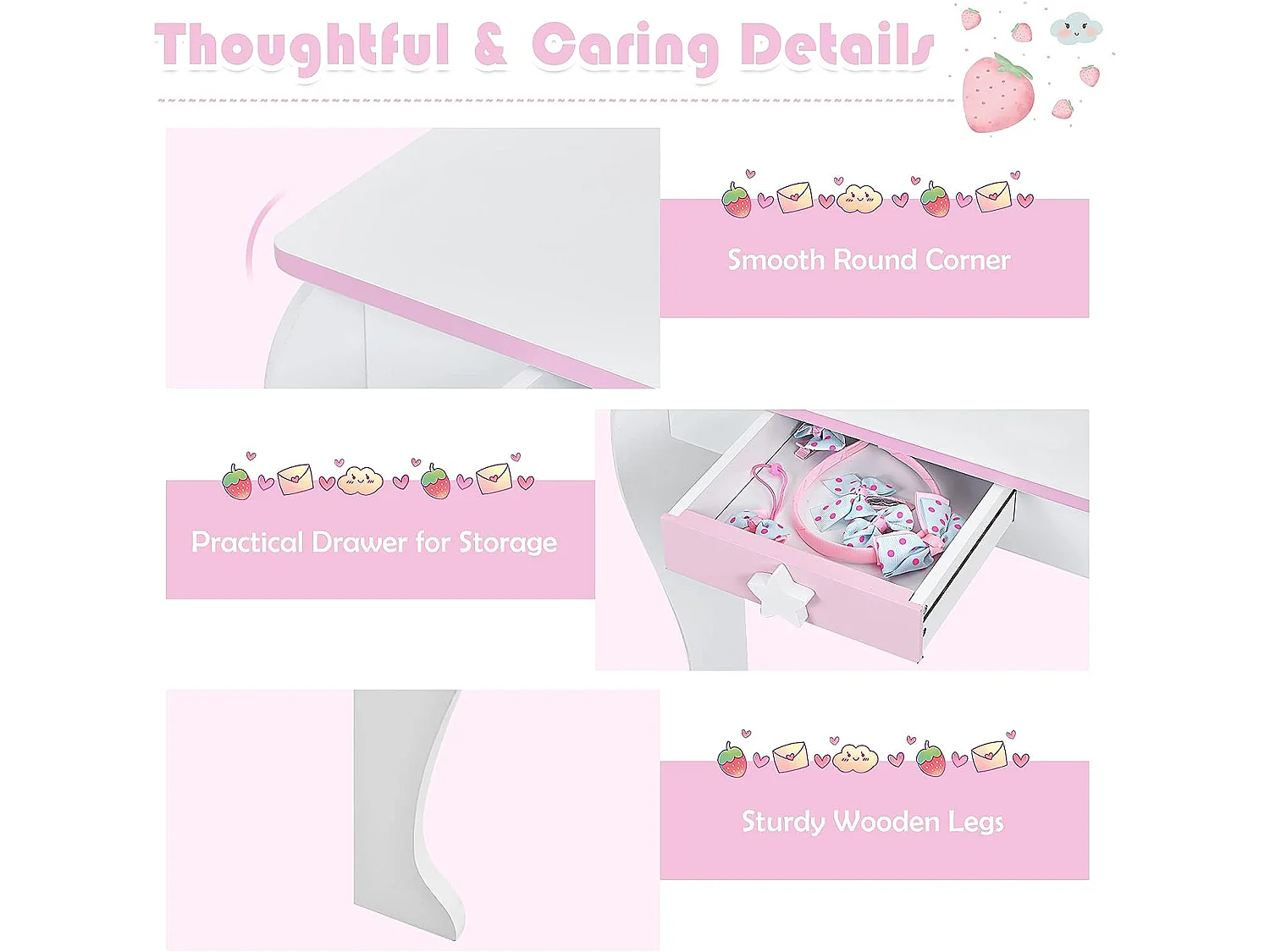 Coiffeuse pour enfant table de maquillage avec tabouret, 1 tiroir de rangement style princesse