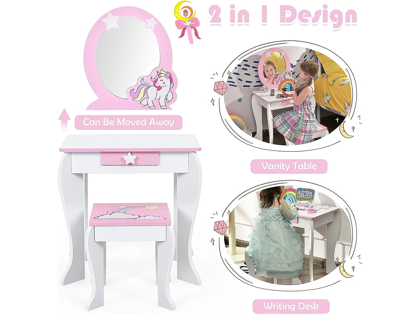 Coiffeuse pour enfant table de maquillage avec tabouret, 1 tiroir de rangement style princesse