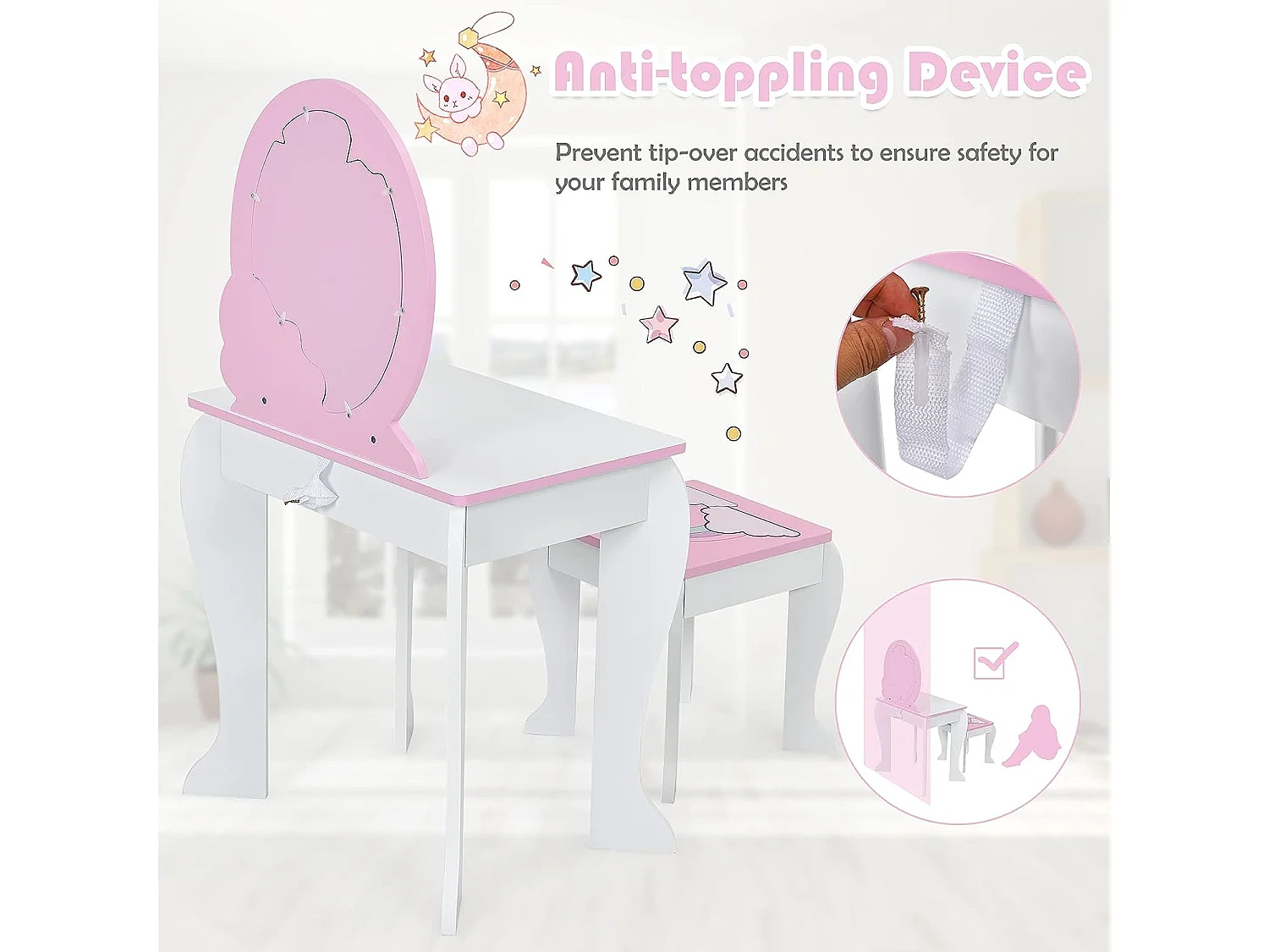 Coiffeuse pour enfant table de maquillage avec tabouret, 1 tiroir de rangement style princesse