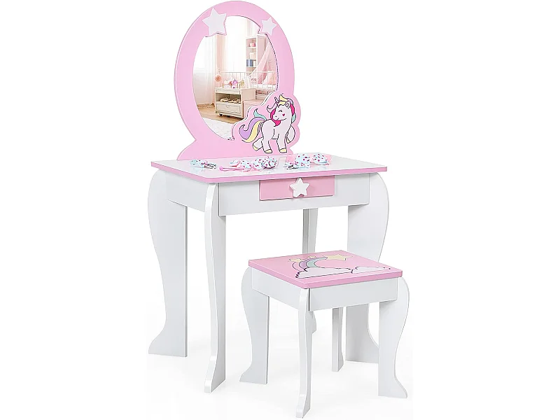 Coiffeuse pour enfant table de maquillage avec tabouret, 1 tiroir de rangement style princesse