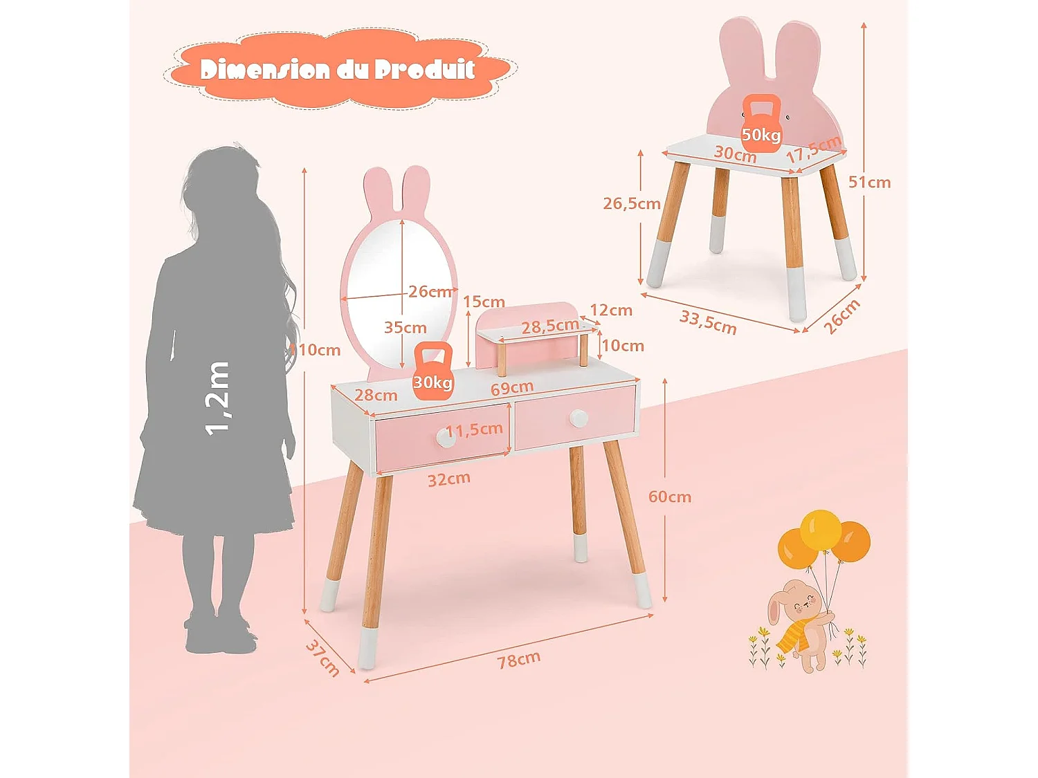 Coiffeuse enfant 2 en 1 avec miroir en forme lapin,table de maquillage en bois avec tabouret mignon