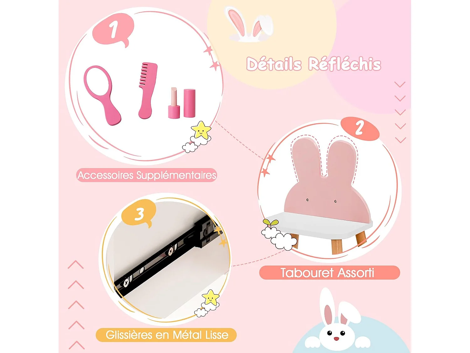 Coiffeuse enfant 2 en 1 avec miroir en forme lapin,table de maquillage en bois avec tabouret mignon