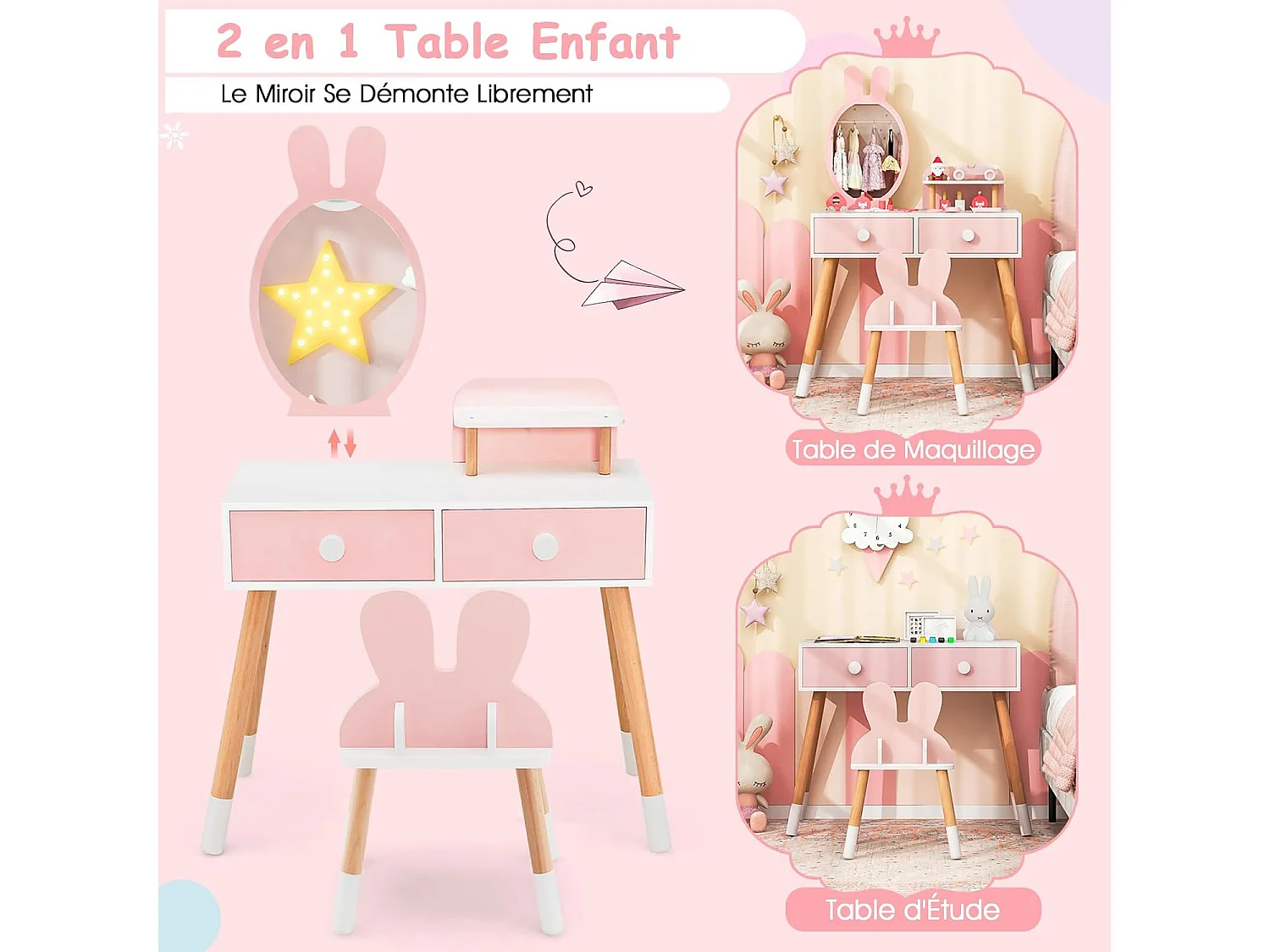 Coiffeuse enfant 2 en 1 avec miroir en forme lapin,table de maquillage en bois avec tabouret mignon