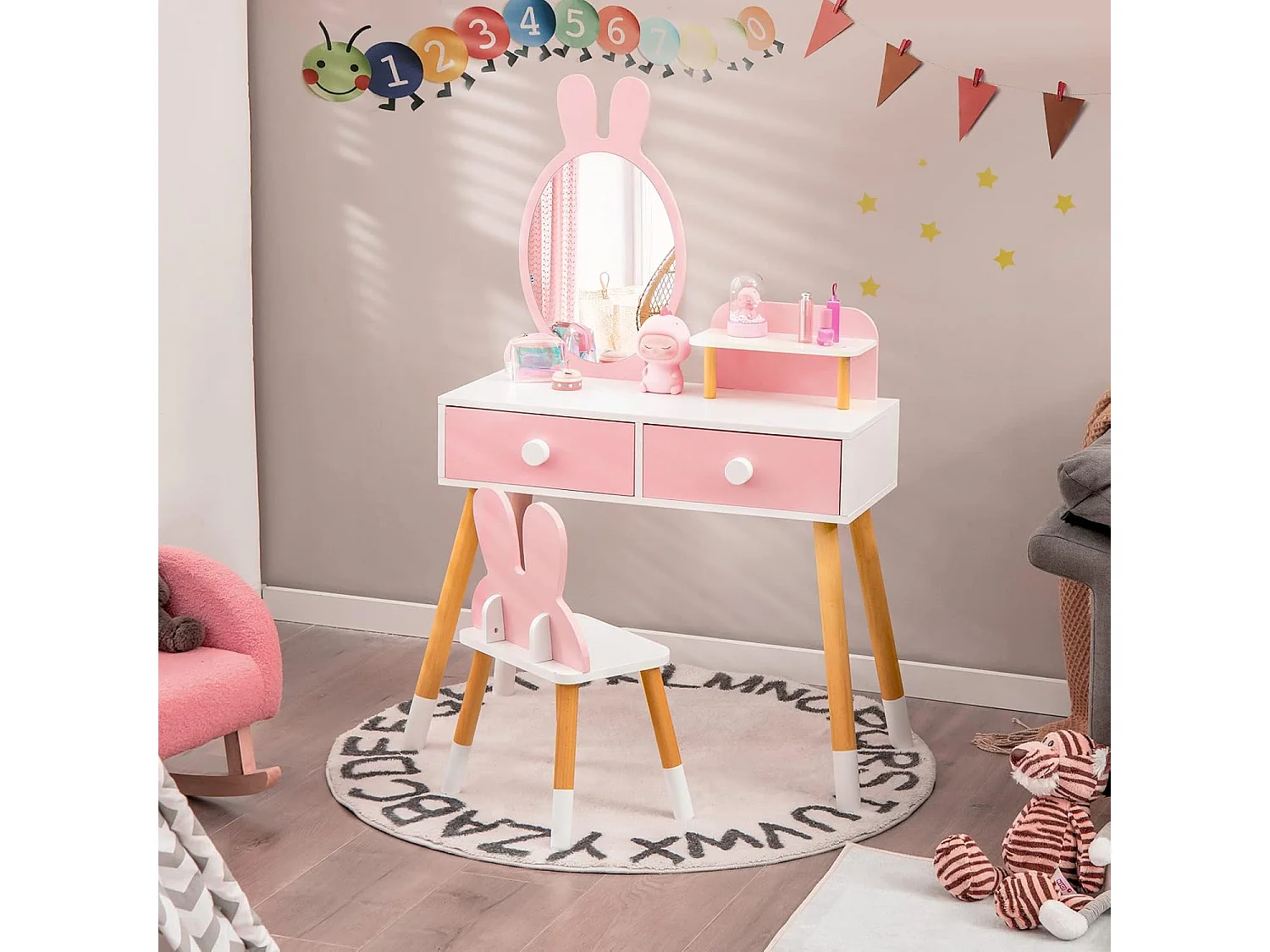 Coiffeuse enfant 2 en 1 avec miroir en forme lapin,table de maquillage en bois avec tabouret mignon