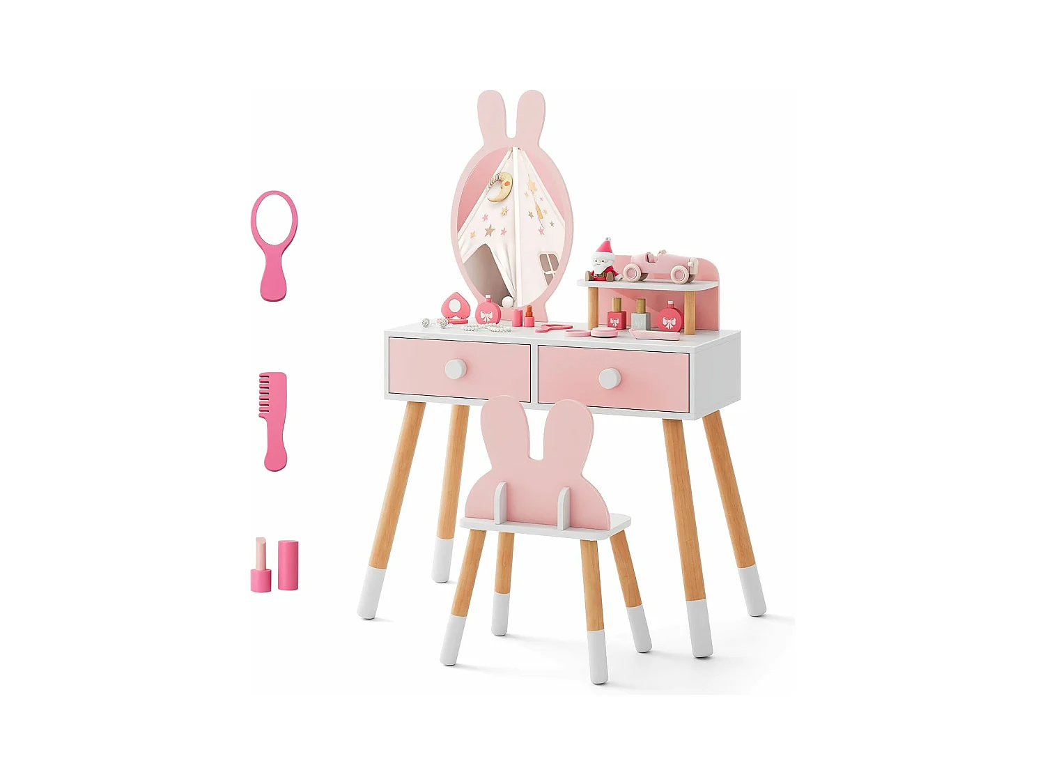 2 in 1 kinderkaptafel met konijnvormige spiegel, houten make-uptafel met schattige kruk, 2 lades, opbergplank, prinsesstijl voor meisjes, roze