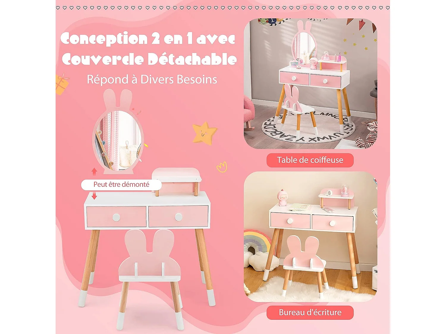 Coiffeuse enfant 2 en 1 avec miroir en forme lapin,table de maquillage en bois avec tabouret mignon